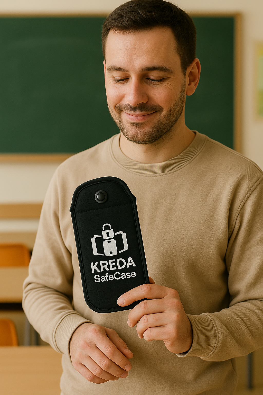 Lehrkraft zeigt ein KREDA SafeCase im Klassenraum